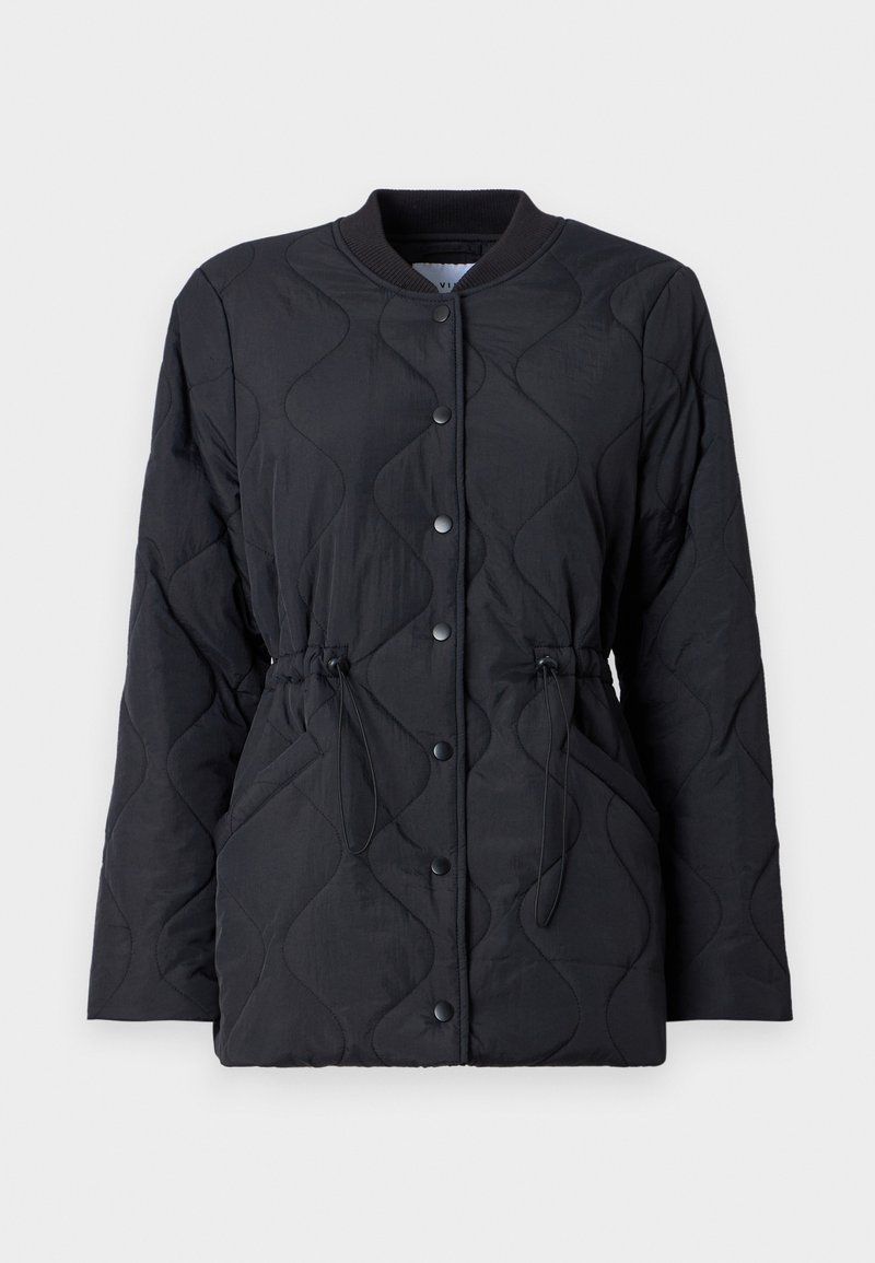 Schwarze gesteppte Jacke mit Rippkragen, Druckknopfverschluss und verstellbarem Kordelzug an der Taille für eine maßgeschneiderte Passform.