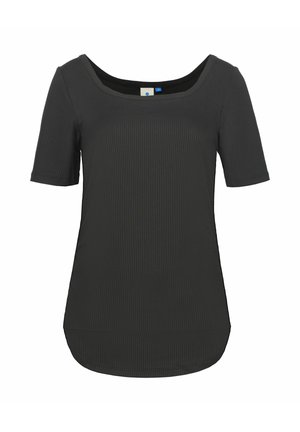 Top de manga corta de color gris oscuro con ribete, escote cuadrado, dobladillo ligeramente curvado y tela texturizada. Etiqueta visible en el escote.