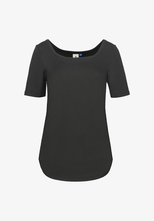 Top a maniche corte a coste di colore grigio scuro con scollo quadrato, orlo leggermente curvo e tessuto strutturato. Etichetta visibile sullo scollo.