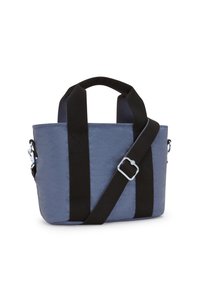 Borsa a rete blu con manici neri, forma quadrata, accessori in argento e una tracolla rimovibile; presenta una superficie testurizzata.