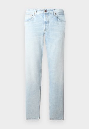 Lyse blå denim jeans med rett ben-design, fem lommer og lukking med en enkelt knapp, med falmede parti og subtil tekstur.