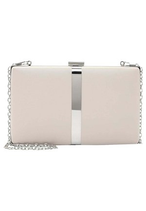 Prostokątna kopertówka w jasnobeżowym materiale z metalicznym srebrnym paskiem jako detalem. Posiada srebrny łańcuszek oraz zapięcie na zatrzask.