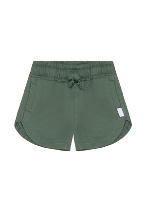 Shorts en coton vert avec taille élastique, cordon de serrage ajustable, poches latérales et ourlet arrondi. Design simple et décontracté.