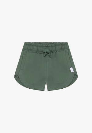 Grüne Baumwollshorts mit elastischem Bund, verstellbarem Kordelzug, Seitentaschen und geschwungenem Saum. Schlichtes, lässiges Design.