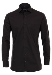 Czarna, długosleeve'owa koszula z klasycznym kołnierzykiem, z przodu zapinana na guziki, z jedną kieszonką na piersi. Gładki materiał o subtelnym połysku.
