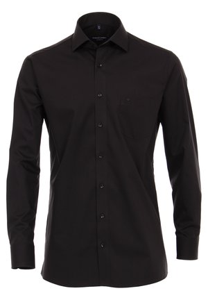 Schwarzes Langarmshirt mit klassischem Kragen, Knopfleiste und einer Brusttasche. Glattes Material mit subtiler Schattierung.
