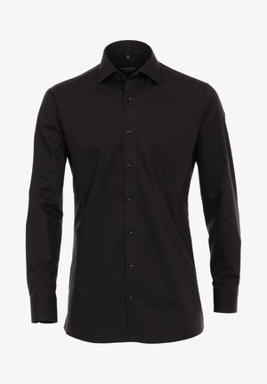 Schwarzes Langarmshirt mit klassischem Kragen, Knopfleiste und einer Brusttasche. Glattes Material mit subtiler Schattierung.