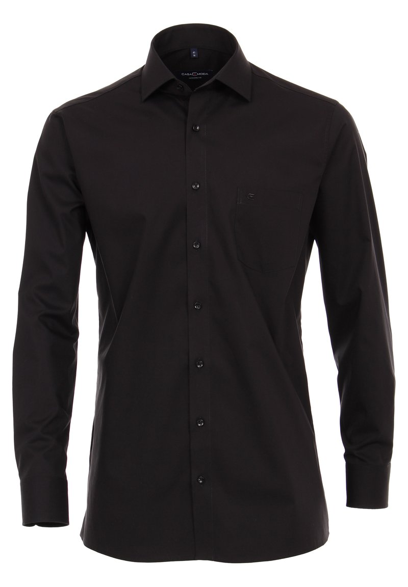Czarna, długosleeve'owa koszula z klasycznym kołnierzykiem, z przodu zapinana na guziki, z jedną kieszonką na piersi. Gładki materiał o subtelnym połysku.