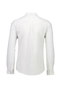 Witte lange mouwen shirt van linnen. Heeft een klassieke kraag, knoopmanchetten en een rechte zoom met subtiele textuur.