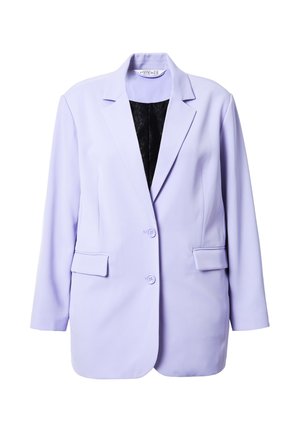 Blazer lilas en tissu lisse, doté d'un revers cranté, de deux poches avant et d'une fermeture à bouton. L'intérieur est noir avec une texture subtile.