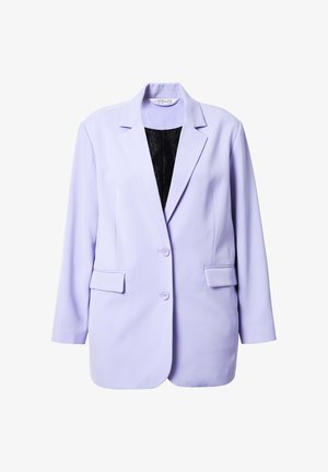 Blazer lilla realizzato in tessuto liscio, con rever a punta, due tasche frontali e chiusura a bottone. L'interno è nero con una texture sottile.