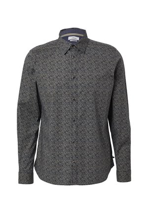 Koszula z długim rękawem, zapinana na guziki, w ciemnoniebieskim kolorze z misternym jasnym wzorem kwiatowym, z klasycznym kołnierzykiem i zapięciem na guziki.