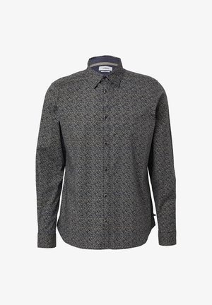 Koszula z długim rękawem, zapinana na guziki, w ciemnoniebieskim kolorze z misternym jasnym wzorem kwiatowym, z klasycznym kołnierzykiem i zapięciem na guziki.