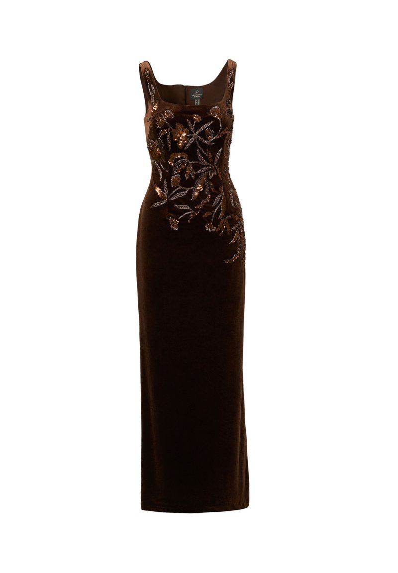 adrianna papell brown velvet dress Velvet Sheath Dress With Tiered Three Quarter Sleeves In Dark Brown, Dark Brown / Regular / 8