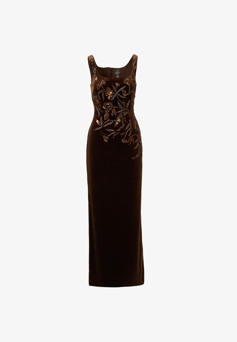 adrianna papell brown velvet dress Velvet Sheath Dress With Tiered Three Quarter Sleeves In Dark Brown, Dark Brown / Regular / 8