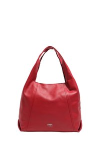 Rdeča usnjena torba za ramo z ohlapnim dizajnom, ki ima dve kratki ročaji in majhen logotip na dnu. Gladka tekstura in zaobljena oblika.