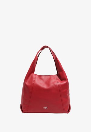 Red leather shoulder bag with a slouchy design, featuring two short handles and a small logo at the bottom. Smooth texture and rounded shape.