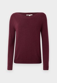 Pull bourgogne avec un grand col, des manches longues et des bords côtelés, présentant une texture lisse et un design simple.