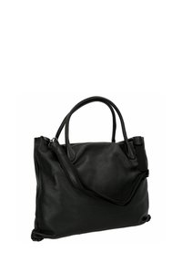 Zwarte leren tote bag met twee korte handvatten en een lange verstelbare schouderriem. Geweven materiaal met een ruime indeling.
