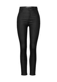 Zwarte high-waisted skinny jeans van soepele denim, voorzien van vijf zakken, een enkele knoopsluiting en een strakke pasvorm.