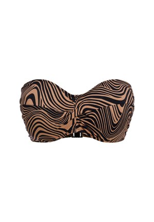 Bandeau bikini top in brown and black wave pattern, made from stretchy fabric, features ruching detail and back hook closure.