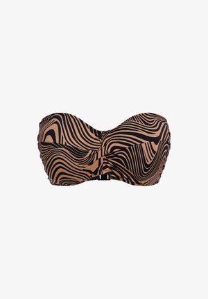 Bandeau bikini top in een bruine en zwarte golfpatroon, gemaakt van rekbare stof, met ruching detail en een haaksluiting aan de achterkant.
