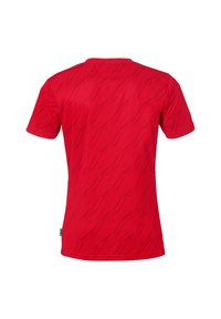 Rød kortærmet t-shirt med et tekstureret diagonalt mønster. Stoffet er glat, med rund hals og et lille grønt logo nederst.