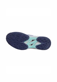 Shoe sole with a textured blue rubber outsole, featuring a mint green midsole and a silver accent near the arch. Patterns include swirling grooves.