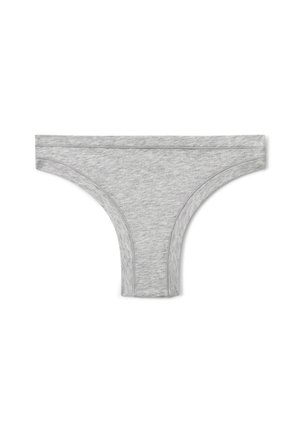 Grijze katoenen string met een gladde textuur, minimalistisch ontwerp en elastische tailleband. Heeft een gebogen achterkant en platte naden voor comfort.