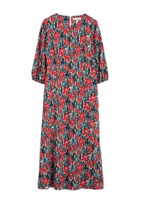 Robe florale avec un motif rouge et vert, des manches bouffantes courtes, un col rond et un ourlet évasé. Fabriquée en tissu léger.