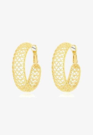 Boucles d'oreilles créoles dorées avec un motif géométrique en trellis complexe et des bords perlés, dotées de fermoirs à clip sécurisés avec un détail en "S".