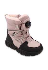 Różowy i czarny, ocieplany zimowy but z teksturowaną gumową podeszwą, wyściełanym kołnierzem oraz regulowanym sznurkiem z przodu dla pewnego dopasowania.