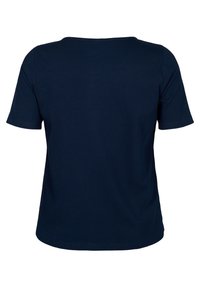 T-shirt blu navy a maniche corte con una texture a costine e un col rotondo. Dalla vista posteriore si può vedere una vestibilità rilassata con orlo dritto.