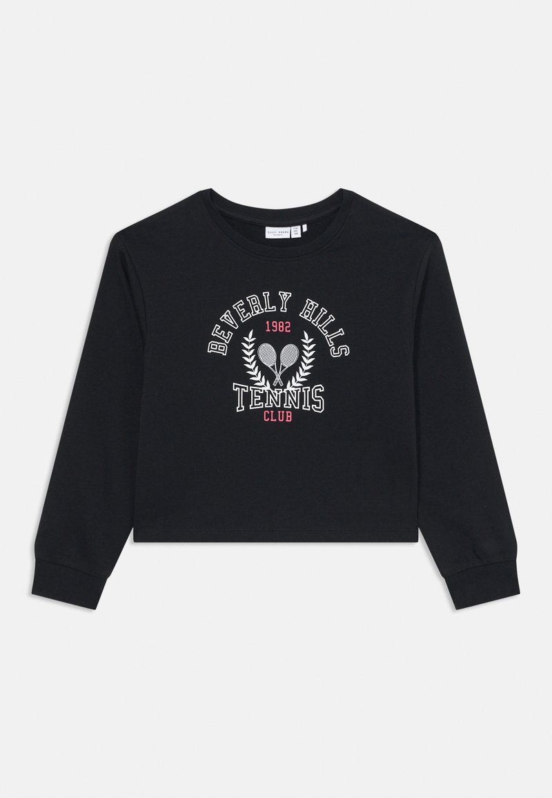 Maglione cropped a maniche lunghe nero in cotone, con una stampa grafica bianca e rossa che riporta "Beverly Hills Tennis Club" e un motivo di tennis.