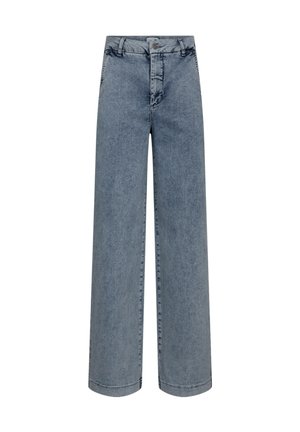 Džíny s širokými nohavicemi v světle modrém denimu, se zapínáním na klasické knoflíky, rovnými lemy a jemným vybledlým efektem po celé ploše.