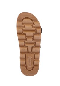 Brązowa gumowa podeszwa z teksturowanym wzorem, zawierająca prostokątne i liniowe wzory. Zawiera wytłoczone oznaczenia marki oraz rozmiaru na powierzchni.