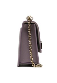 Purple leather handbag with a textured surface, a gold chain strap, and a rectangular shape, featuring a top clasp closure.