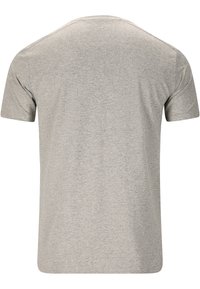 T-shirt gris clair à manches courtes et col rond, vu de dos, fabriqué en tissu de coton doux avec un design simple et uni.