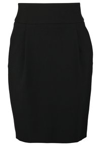 Jupe crayon noire taille haute avec large ceinture et plis avant subtils, longueur genou, coupe ajustée.