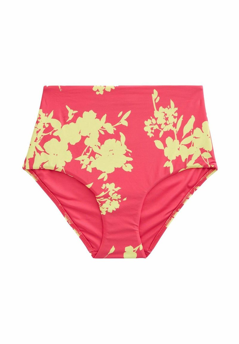 Costum de baie cu talie înaltă, de culoare roz aprins, cu un imprimeu floral mare, galben. Fabricat dintr-un material elastic, neted, având o potrivire confortabilă.