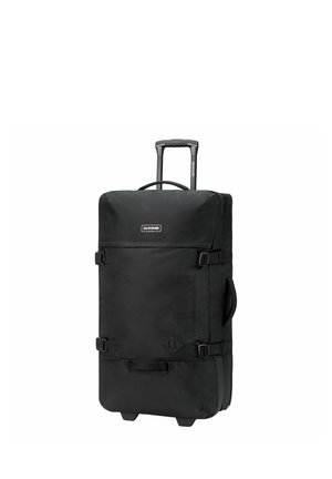 Maleta negra blanda con ruedas, asa telescópica, asas laterales y delanteras, correas de compresión y parche con el logo de Dakine.