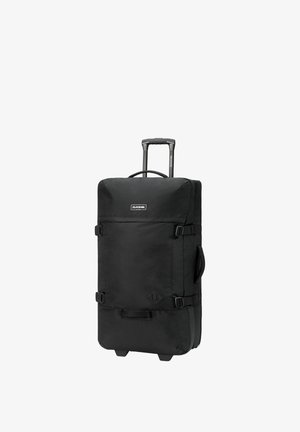 Valigia morbida nera con ruote, manico telescopico, maniglie laterali e frontali, cinghie di compressione e logo Dakine.