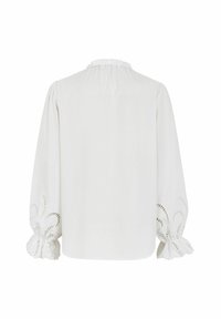 Weiße Bluse mit langen, gepufften Ärmeln. Verfügt über gestickte Akzente und Aussparungen an den Bündchen. Glatte Textur, schlichtes Design.