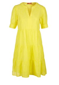 Żółta bawełniana sukienka z krótkimi rękawami, głębokim dekoltem w kształcie litery V i warstwową spódnicą. Posiada kwiatowe hafty i luźny krój.