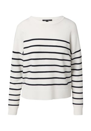 Biały sweter w niebieskie poziome paski, z szerokim dekoltem, długimi rękawami i prążkowanym wykończeniem. Wykonany z miękkiego materiału dzianinowego.