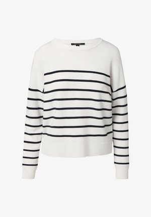 Biały sweter w niebieskie poziome paski, z szerokim dekoltem, długimi rękawami i prążkowanym wykończeniem. Wykonany z miękkiego materiału dzianinowego.