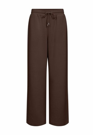 Brown wide-leg pants with elastic waist and adjustable drawstring, plain design, suitable for casual wear.