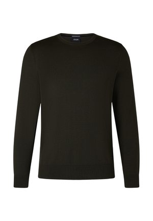 Donkergroene trui gemaakt van zachte stof, met een ronde halslijn, lange mouwen, ribbels bij de mouwen en een rechte zoom. Minimalistisch ontwerp.
