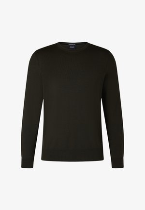 Maglione verde scuro realizzato in tessuto morbido, con scollo rotondo, maniche lunghe, polsini a coste e orlo dritto. Design minimalista.