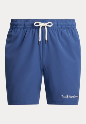 Pantalones cortos de baño azules hechos de tela ligera, con una cintura elástica con cordón blanco y un pequeño logo bordado.